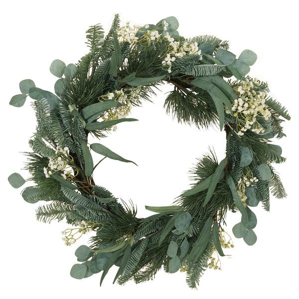 gdf studio Leigh 30" Eucalyptus and Pine Artificial Silk Wreath with Baby's Breath Green and White