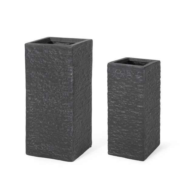gdf studio Leiman Outdoor Medium and Small Cast Stone Planters Set of 2 Gray
