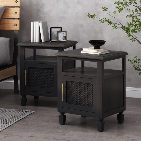 gdf studio Lempster Rustic Acacia Wood and Cane Nightstands Set of 2 Dark Gray