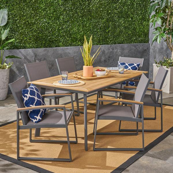 Gdf Studio Lena Outdoor 7 Piece Aluminum Dining Set With Mesh Chairs