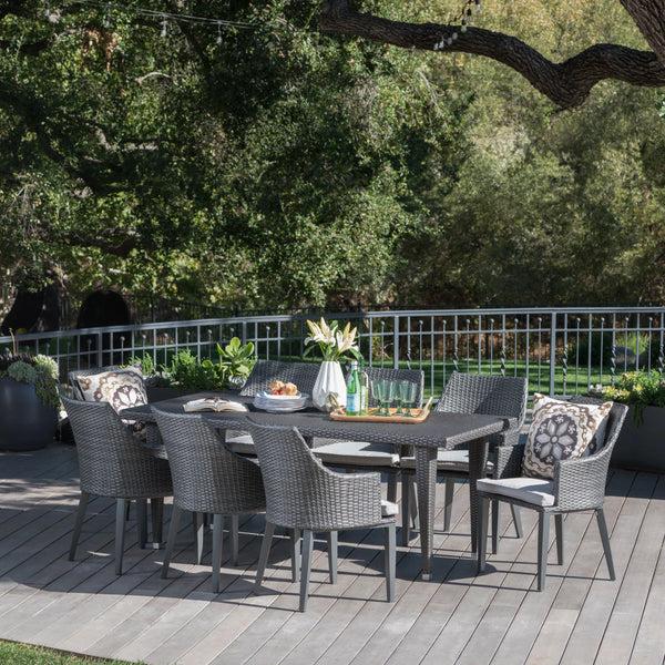 Gdf Studio Lenorde Outdoor 9 Piece Wicker Rectangular Dining Set With Water Resistant Cushions