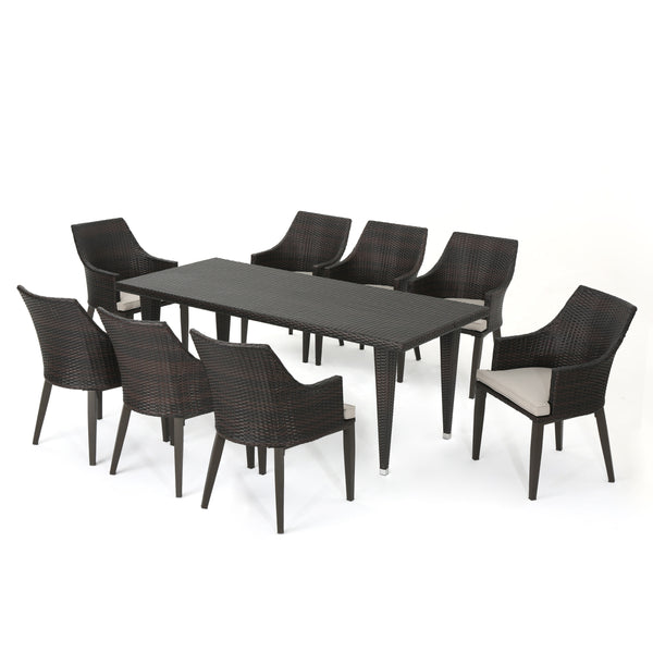 Gdf Studio Lenorde Outdoor 9 Piece Wicker Rectangular Dining Set With Water Resistant Cushions