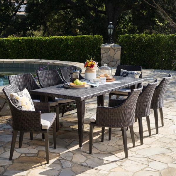 Gdf Studio Lenorde Outdoor 9 Piece Wicker Rectangular Dining Set With Water Resistant Cushions