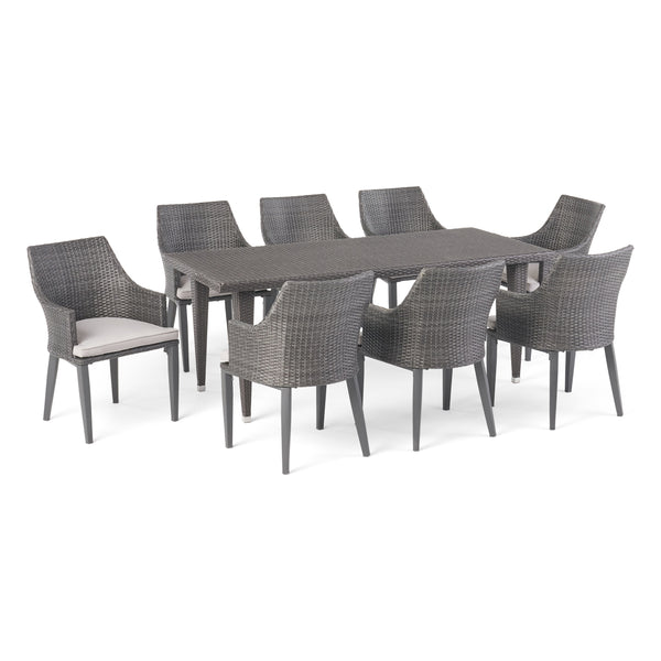 gdf studio Lenorde Outdoor 9 Piece Wicker Rectangular Dining Set with Water Resistant Cushions