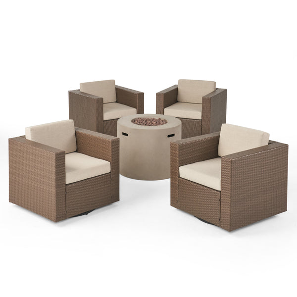 Gdf Studio Leon Outdoor 4 Piece Swivel Club Chair Set With Round Fire Pit