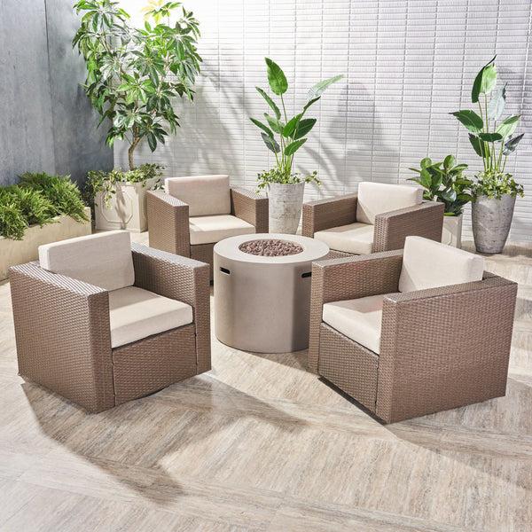 Gdf Studio Leon Outdoor 4 Piece Swivel Club Chair Set With Round Fire Pit