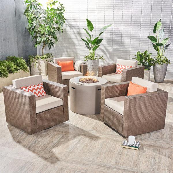 Gdf Studio Leon Outdoor 4 Piece Swivel Club Chair Set With Round Fire Pit