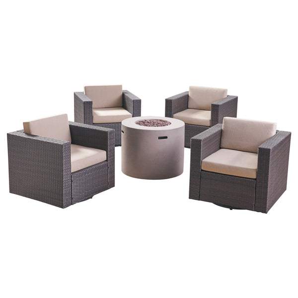 gdf studio Leon Outdoor 4 Piece Swivel Club Chair Set with Round Fire Pit