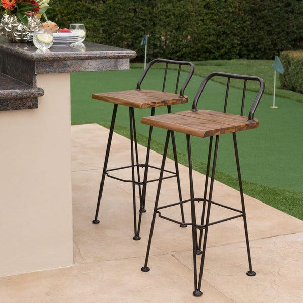 Gdf Studio Leonardo Outdoor Industrial Teak Finished Acacia Wood Barstools With Iron Frame