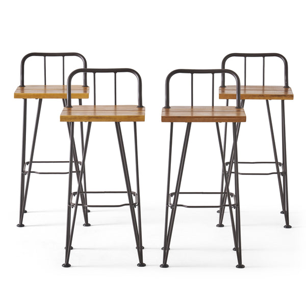 Gdf Studio Leonardo Outdoor Industrial Teak Finished Acacia Wood Barstools With Iron Frame