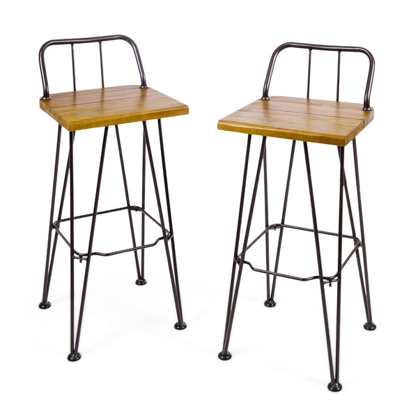 gdf studio Leonardo Outdoor Industrial Teak Finished Acacia Wood Barstools with Iron Frame