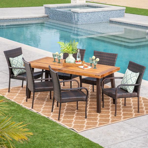Gdf Studio Leopold Outdoor 7 Piece Acacia Wood/ Wicker Dining Set Teak Finish And Multibrown