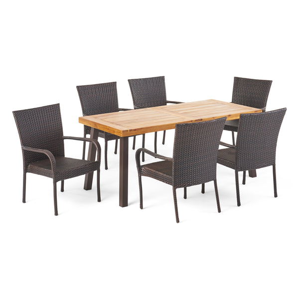 gdf studio Leopold Outdoor 7 Piece Acacia Wood/ Wicker Dining Set Teak Finish and Multibrown