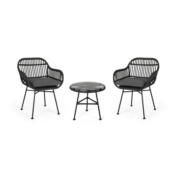 gdf studio Lesley Outdoor Faux Wicker 2 Seater Chat Set with Tempered Glass Table