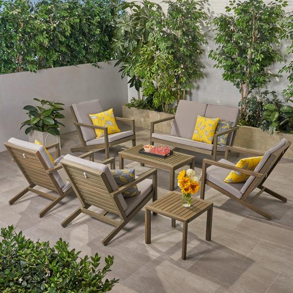 Gdf Studio Lester Outdoor 6 Seater Acacia Wood Extended Chat Set