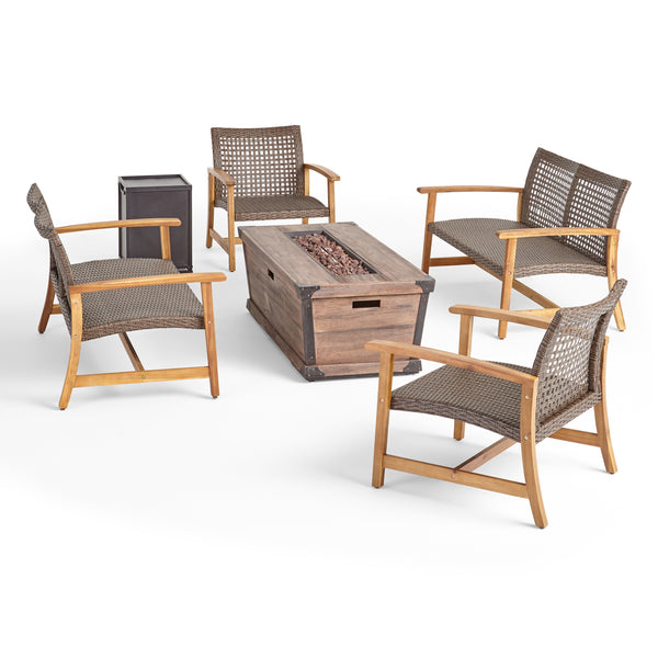 Gdf Studio Levant Outdoor 4 Piece Wood And Wicker Chat Set With Fire Pit