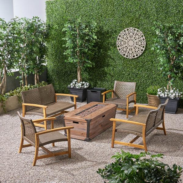 Gdf Studio Levant Outdoor 4 Piece Wood And Wicker Chat Set With Fire Pit