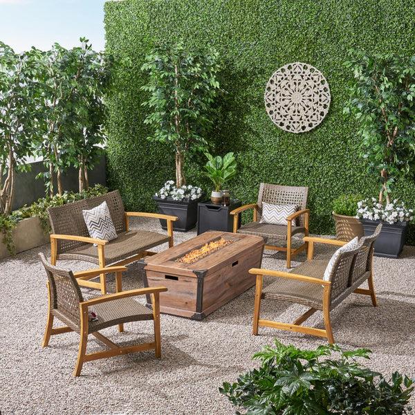 Gdf Studio Levant Outdoor 4 Piece Wood And Wicker Chat Set With Fire Pit
