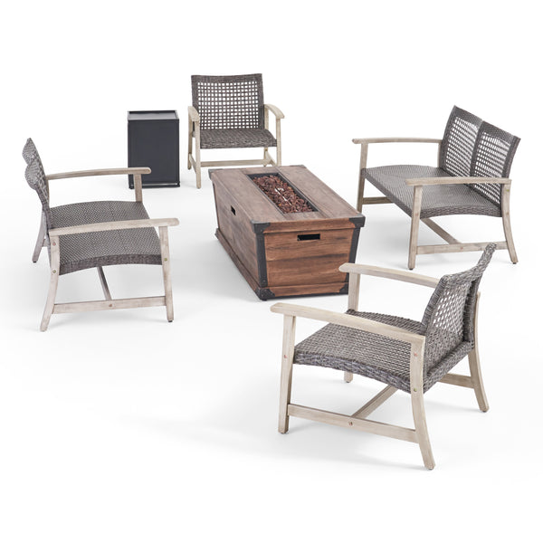 gdf studio Levant Outdoor 4 Piece Wood and Wicker Chat Set with Fire Pit