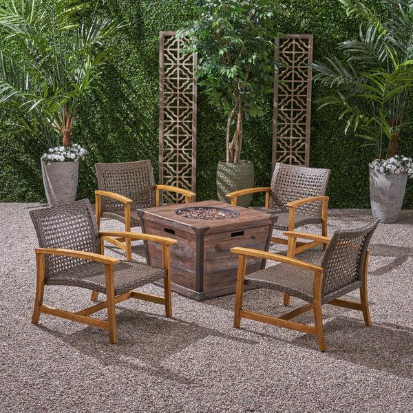 Gdf Studio Levant Outdoor 4 Piece Wood And Wicker Club Chair Set With Fire Pit
