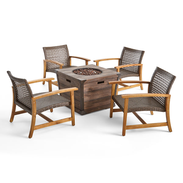 gdf studio Levant Outdoor 4 Piece Wood and Wicker Club Chair Set with Fire Pit