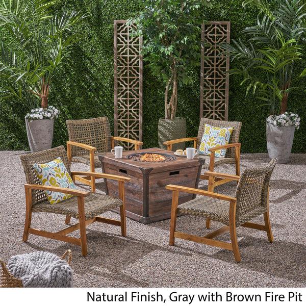 Gdf Studio Levant Outdoor 4-Seater Wood And Wicker Club Chair Set With Fire Pit