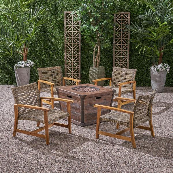 Gdf Studio Levant Outdoor 4-Seater Wood And Wicker Club Chair Set With Fire Pit