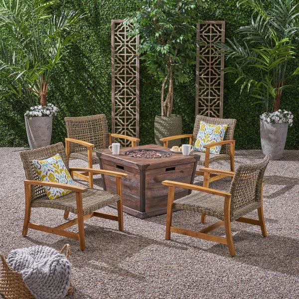 Gdf Studio Levant Outdoor 4-Seater Wood And Wicker Club Chair Set With Fire Pit