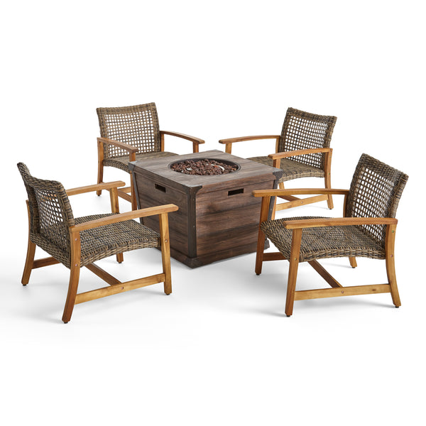 gdf studio Levant Outdoor 4-Seater Wood and Wicker Club Chair Set with Fire Pit