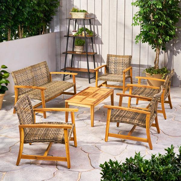 Gdf Studio Levant Outdoor 6 Piece Wood And Wicker Chat Set