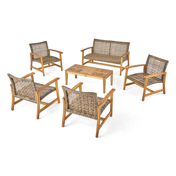 gdf studio Levant Outdoor 6 Piece Wood and Wicker Chat Set