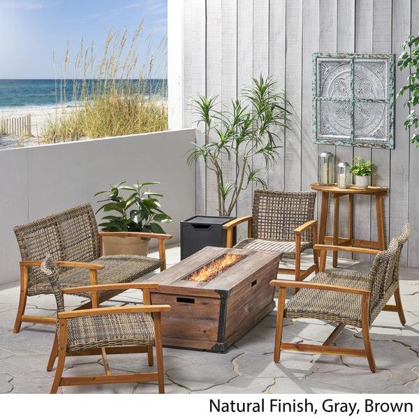 Gdf Studio Levant Outdoor 6-Seater Wood And Wicker Chat Set With Fire Pit