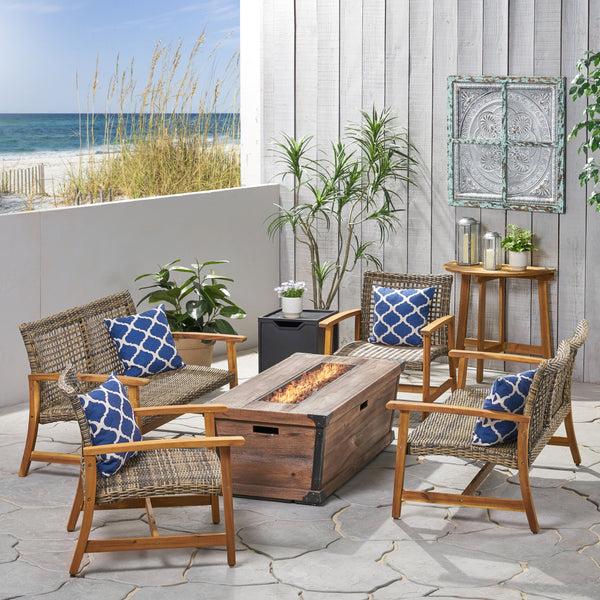 Gdf Studio Levant Outdoor 6-Seater Wood And Wicker Chat Set With Fire Pit