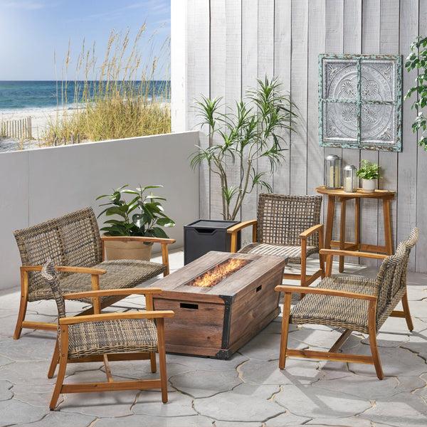 Gdf Studio Levant Outdoor 6-Seater Wood And Wicker Chat Set With Fire Pit