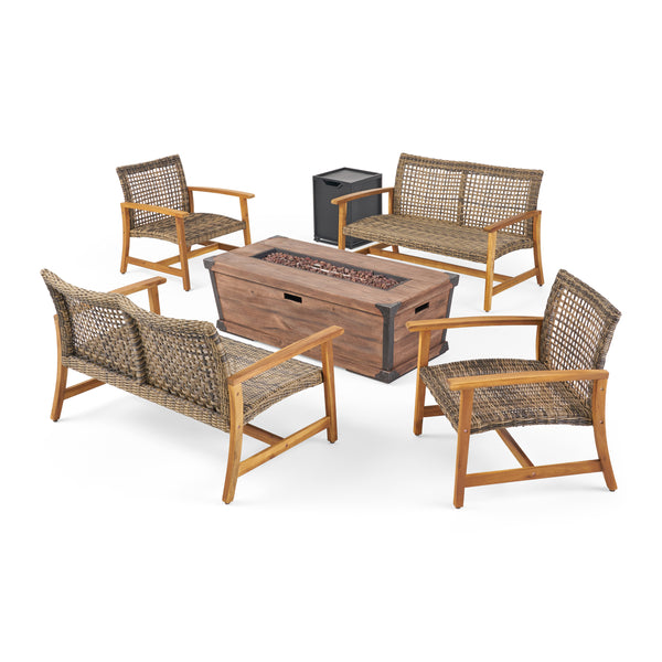 gdf studio Levant Outdoor 6-Seater Wood and Wicker Chat Set with Fire Pit