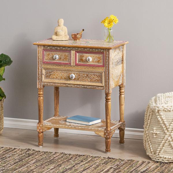 Gdf Studio Leverick Handcrafted Boho 3 Drawer Mango Wood End Table