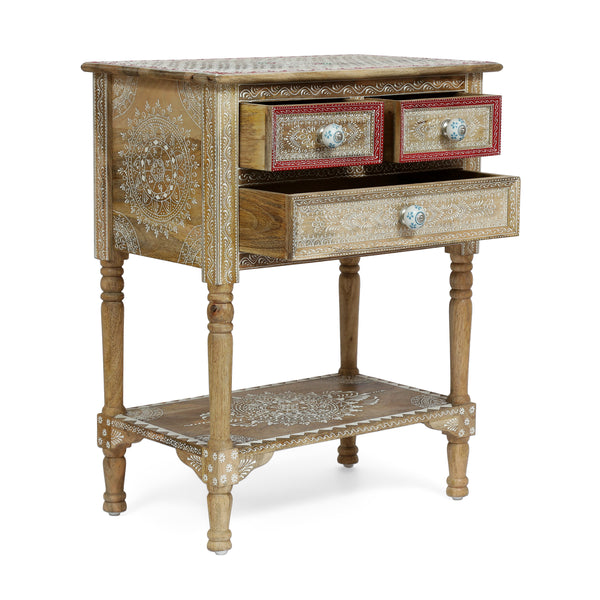 Gdf Studio Leverick Handcrafted Boho 3 Drawer Mango Wood End Table