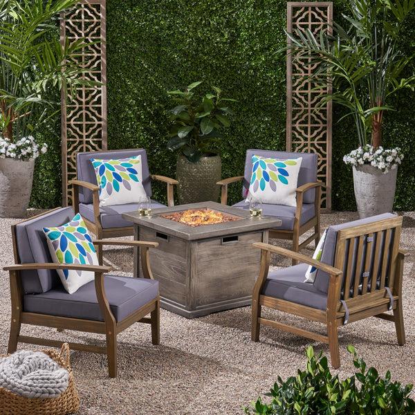 Gdf Studio Lilith Outdoor 5 Piece Acacia Wood Club Chair And Fire Pit Set Gray Finish And Gray