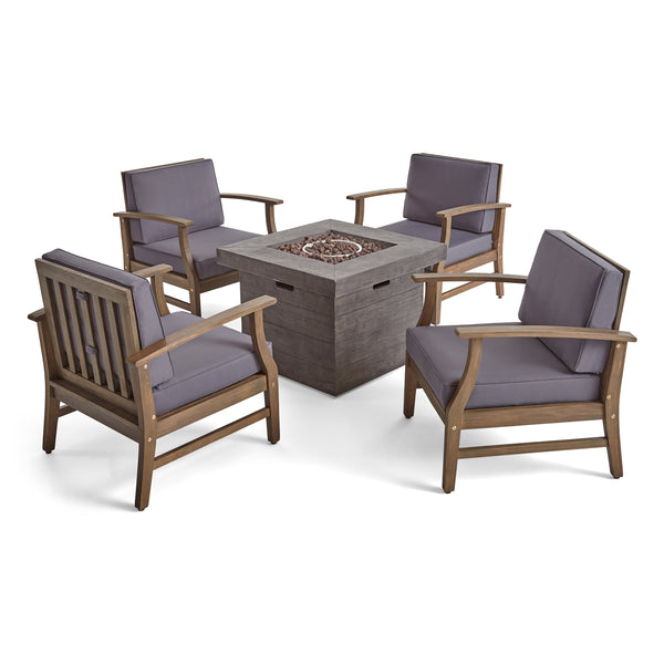 gdf studio Lilith Outdoor 5 Piece Acacia Wood Club Chair and Fire Pit Set Gray Finish and Gray