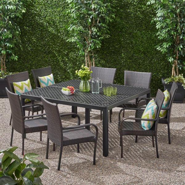 Gdf Studio Lillian Outdoor Aluminum And Wicker 8 Seater Dining Set With Stacking Chairs