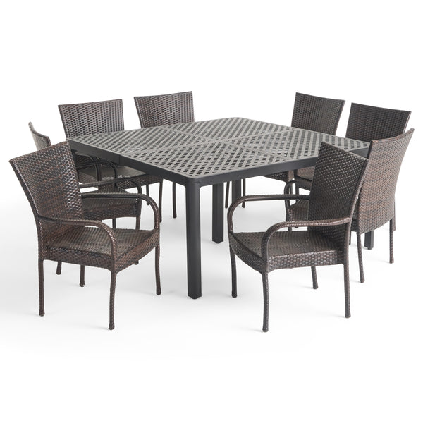 gdf studio Lillian Outdoor Aluminum and Wicker 8 Seater Dining Set with Stacking Chairs