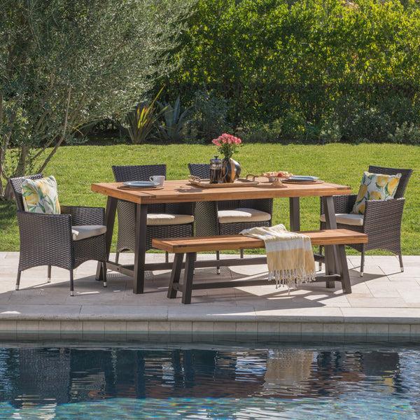 Gdf Studio Linda Outdoor 6 Piece Iron And Sandblast Finished Acacia Wood Dining Set