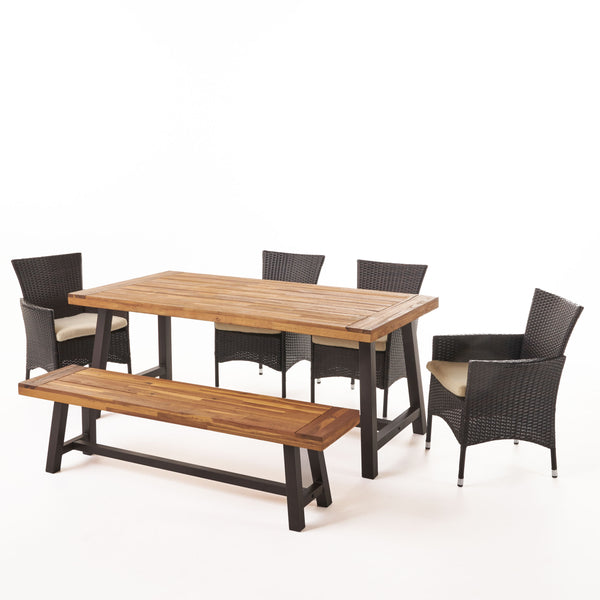 gdf studio Linda Outdoor 6 Piece Iron and Sandblast Finished Acacia Wood Dining Set