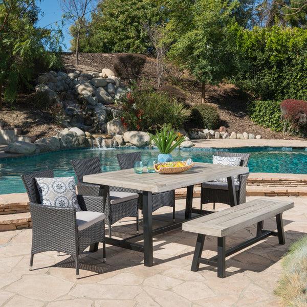 Gdf Studio Linda Outdoor 6 Piece Wicker Dining Set With Acacia Wood Table And Bench