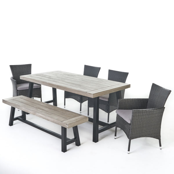 gdf studio Linda Outdoor 6 Piece Wicker Dining Set with Acacia Wood Table and Bench
