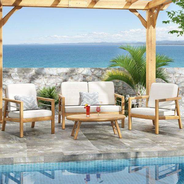 Gdf Studio Lindsey Outdoor Acacia Wood 4 Seater Chat Set With Cushions Beige And Teak