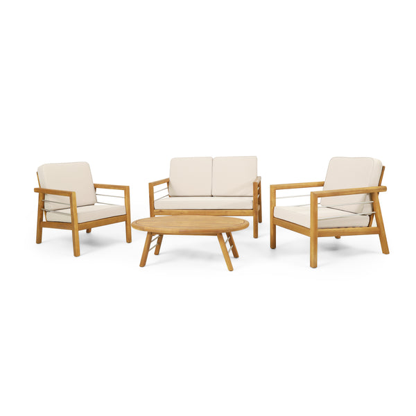 gdf studio Lindsey Outdoor Acacia Wood 4 Seater Chat Set with Cushions Beige and Teak
