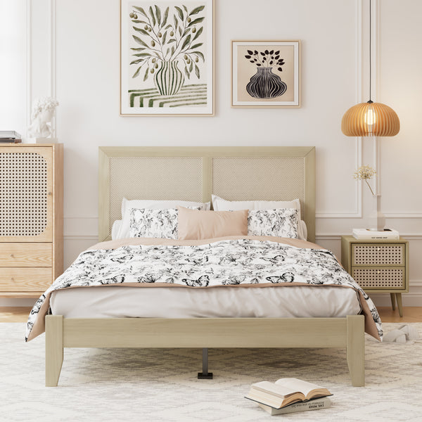 Gdf Studio Linenwood Eudoca Rubber Wood Platform Bed With Rattan Woven Headboard Natural