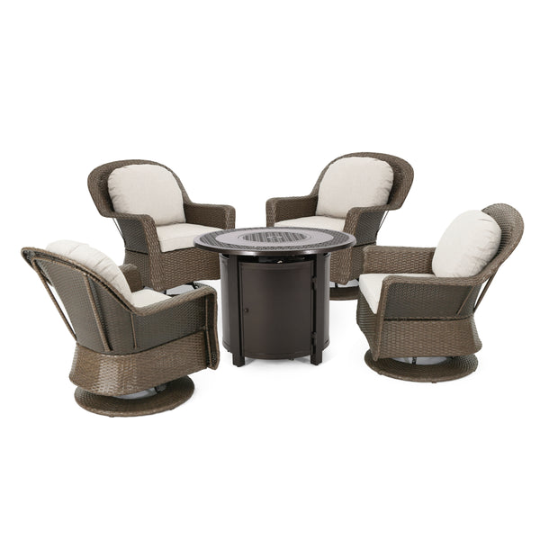 Gdf Studio Linsten Outdoor 4 Seater Wicker Swivel Chair And Fire Pit Set