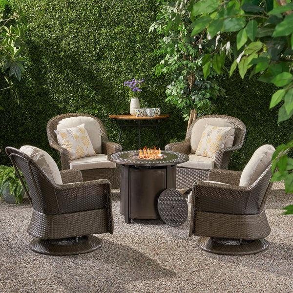 gdf studio Linsten Outdoor 4 Seater Wicker Swivel Chair and Fire Pit Set
